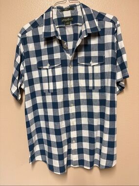 Eddie Bauer Blue and White Check Short Sleeve Button-Up Shirt